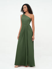 One-Shoulder Chiffon Max Dresses with Slit-Olive Green