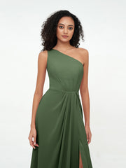 One-Shoulder Chiffon Max Dresses with Slit-Olive Green