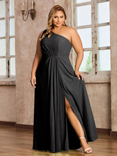 One-Shoulder Chiffon Max Dresses with Slit-Black Plus Size