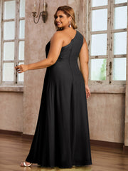One-Shoulder Chiffon Max Dresses with Slit-Black Plus Size