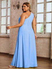 One-Shoulder Chiffon Max Dresses with Slit-Blue Plus Size