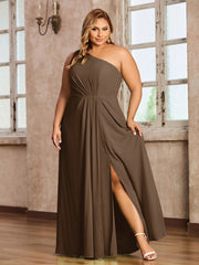 One-Shoulder Chiffon Max Dresses with Slit-Brown Plus Size