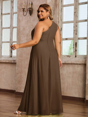 One-Shoulder Chiffon Max Dresses with Slit-Brown Plus Size