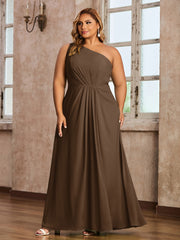 One-Shoulder Chiffon Max Dresses with Slit-Brown Plus Size