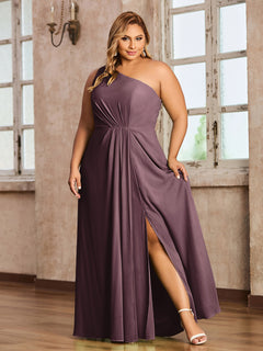 One-Shoulder Chiffon Max Dresses with Slit-Cabernet Plus Size