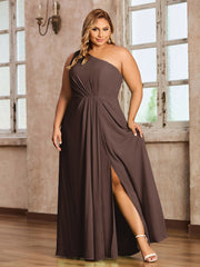 One-Shoulder Chiffon Max Dresses with Slit-Chocolate Plus Size