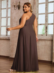 One-Shoulder Chiffon Max Dresses with Slit-Chocolate Plus Size