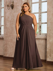 One-Shoulder Chiffon Max Dresses with Slit-Chocolate Plus Size