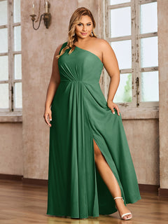 One-Shoulder Chiffon Max Dresses with Slit-Dark Green Plus Size