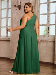 One-Shoulder Chiffon Max Dresses with Slit-Dark Green Plus Size