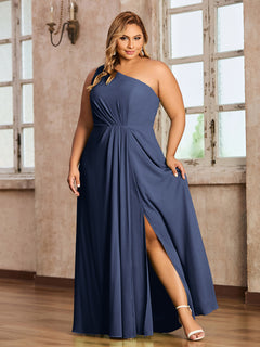 One-Shoulder Chiffon Max Dresses with Slit-Dark Navy Plus Size