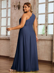 One-Shoulder Chiffon Max Dresses with Slit-Dark Navy Plus Size