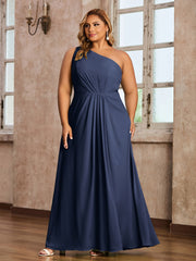 One-Shoulder Chiffon Max Dresses with Slit-Dark Navy Plus Size