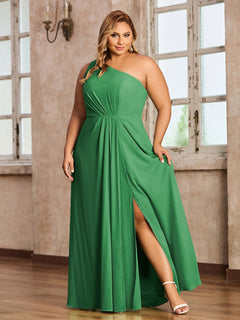 One-Shoulder Chiffon Max Dresses with Slit-Emerald Plus Size