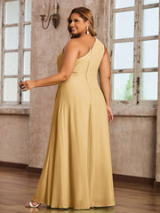 One-Shoulder Chiffon Max Dresses with Slit-Gold Plus Size