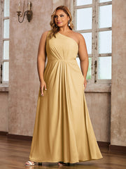 One-Shoulder Chiffon Max Dresses with Slit-Gold Plus Size