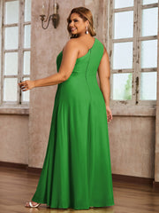 One-Shoulder Chiffon Max Dresses with Slit-Green Plus Size