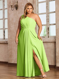 One-Shoulder Chiffon Max Dresses with Slit-Lime Green Plus Size