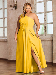 One-Shoulder Chiffon Max Dresses with Slit-Marigold Plus Size