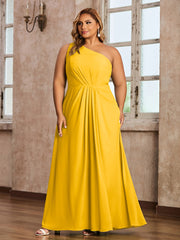 One-Shoulder Chiffon Max Dresses with Slit-Marigold Plus Size