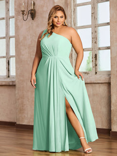 One-Shoulder Chiffon Max Dresses with Slit-Mint Green Plus Size