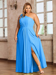 One-Shoulder Chiffon Max Dresses with Slit-Ocean Blue Plus Size