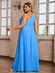 One-Shoulder Chiffon Max Dresses with Slit-Ocean Blue Plus Size