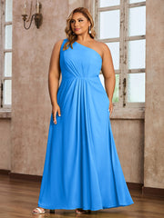 One-Shoulder Chiffon Max Dresses with Slit-Ocean Blue Plus Size