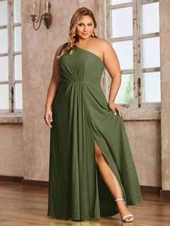 One-Shoulder Chiffon Max Dresses with Slit-Olive Green Plus Size