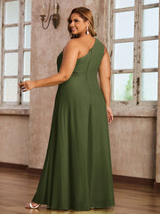 One-Shoulder Chiffon Max Dresses with Slit-Olive Green Plus Size