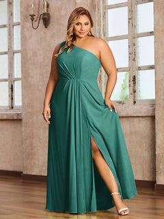 One-Shoulder Chiffon Max Dresses with Slit-Peacock Plus Size