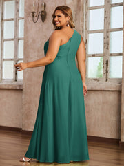 One-Shoulder Chiffon Max Dresses with Slit-Peacock Plus Size