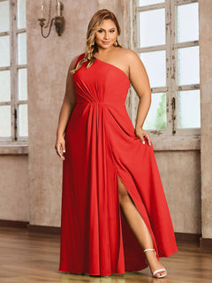 One-Shoulder Chiffon Max Dresses with Slit-Red Plus Size