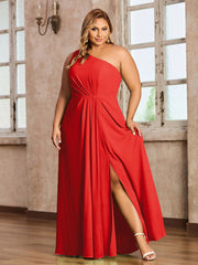 One-Shoulder Chiffon Max Dresses with Slit-Red Plus Size