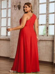 One-Shoulder Chiffon Max Dresses with Slit-Red Plus Size
