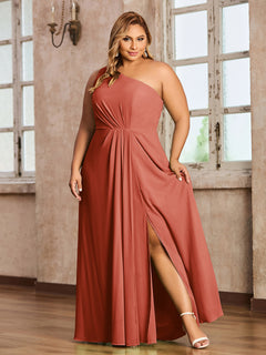 One-Shoulder Chiffon Max Dresses with Slit-Rust Plus Size