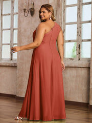 One-Shoulder Chiffon Max Dresses with Slit-Rust Plus Size
