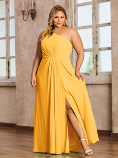 One-Shoulder Chiffon Max Dresses with Slit-Tangerine Plus Size