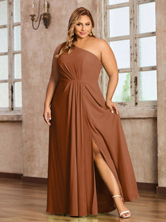 One-Shoulder Chiffon Max Dresses with Slit-Terracotta Plus Size