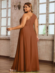 One-Shoulder Chiffon Max Dresses with Slit-Terracotta Plus Size