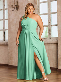 One-Shoulder Chiffon Max Dresses with Slit-Turquoise Plus Size