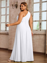One-Shoulder Chiffon Max Dresses with Slit-White Plus Size