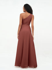 One-Shoulder Chiffon Max Dresses with Slit-Terracotta