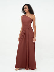 One-Shoulder Chiffon Max Dresses with Slit-Terracotta