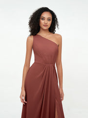 One-Shoulder Chiffon Max Dresses with Slit-Terracotta