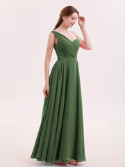 One Shoulder Chiffon Long Bridesmaid Gown-Olive Green