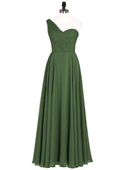 One Shoulder Chiffon Long Bridesmaid Gown-Olive Green