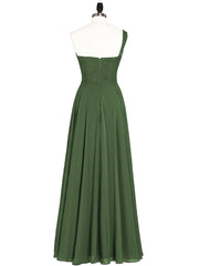 One Shoulder Chiffon Long Bridesmaid Gown-Olive Green