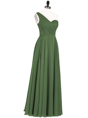 One Shoulder Chiffon Long Bridesmaid Gown-Olive Green