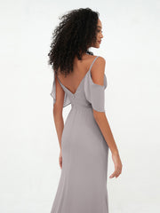 Spaghetti Straps Cloumn Dresses with Slit-Silver Plus Size